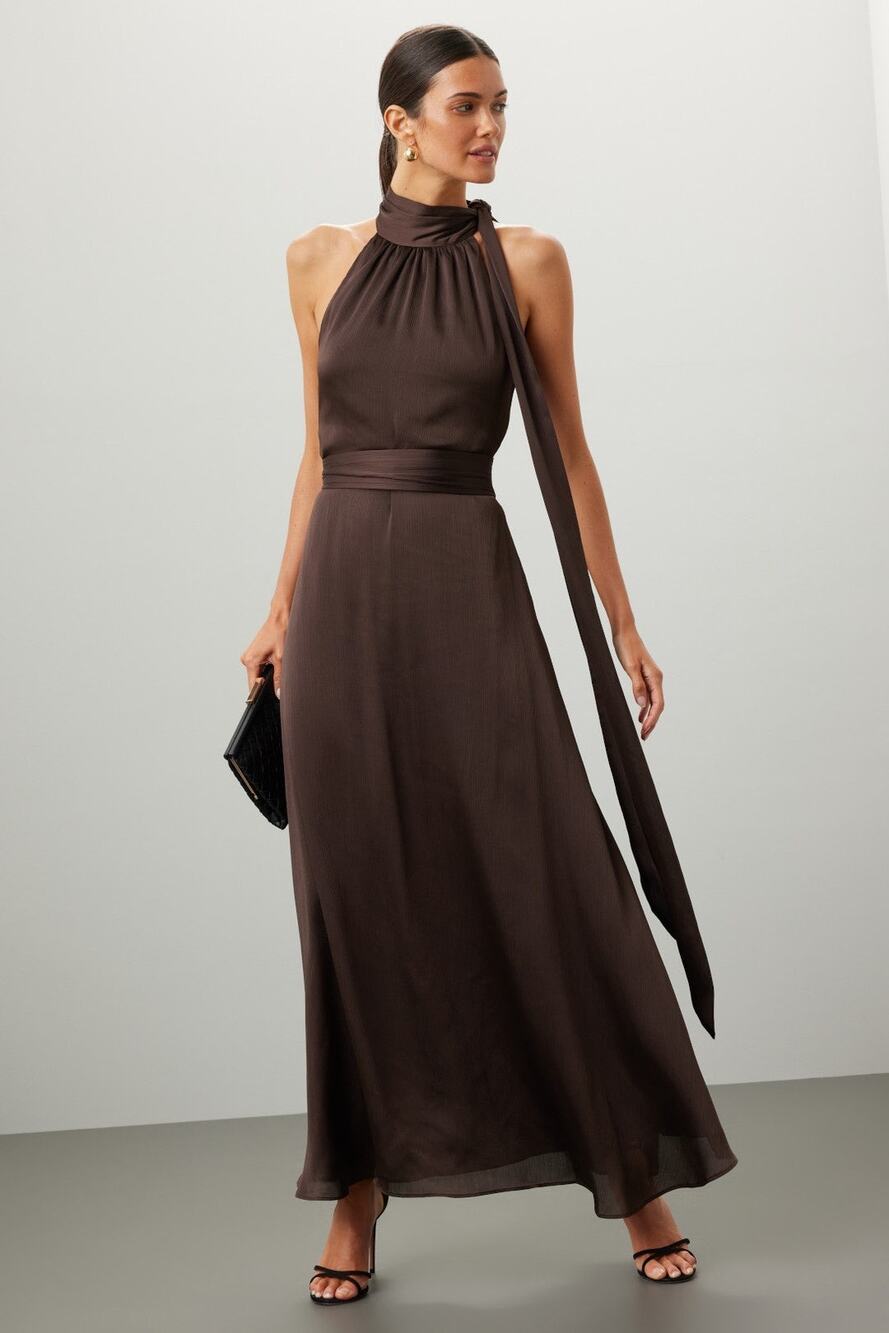 Sachin & Babi Kayla Chocolate Brown Satin Tie Neck Sleeveless Cocktail Gown 10